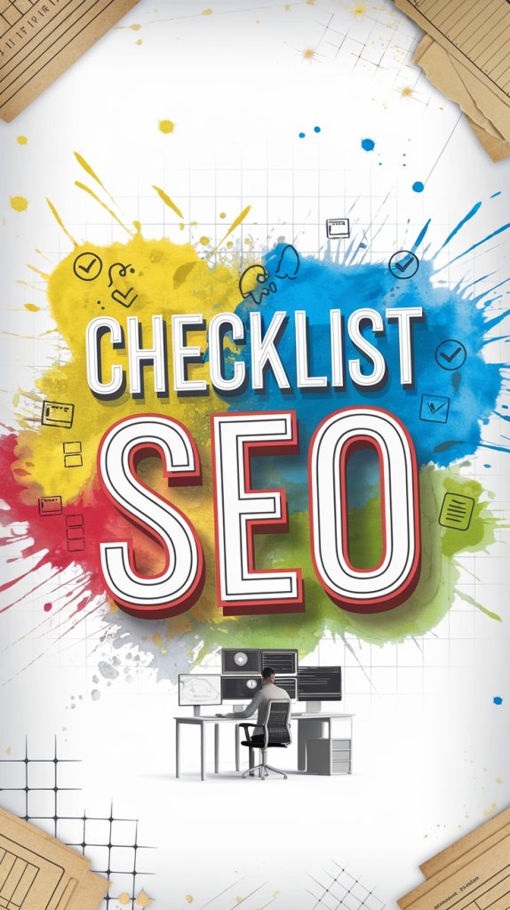 Checklist SEO avec fond coloré et bureau informatique.