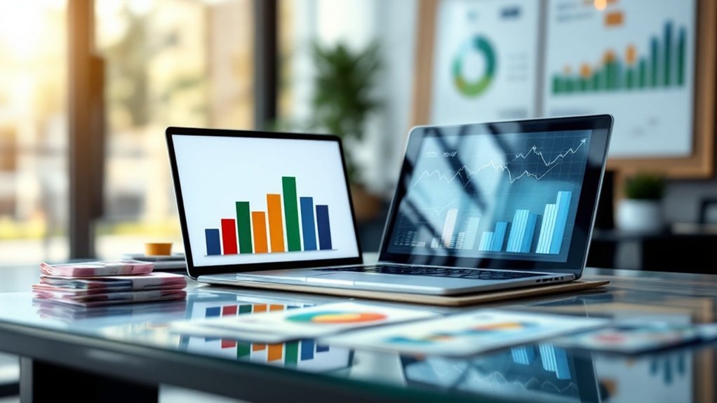 ordinateurs portables montrant des graphiques et statistiques 