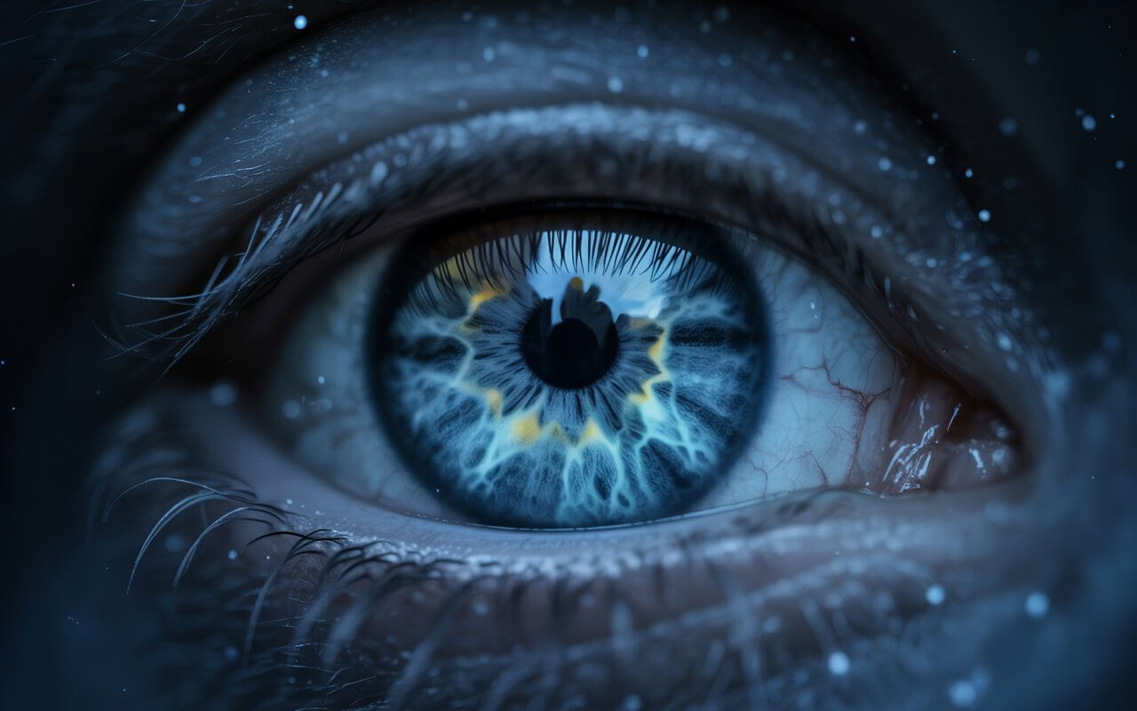 Gros plan d'un œil bleu et lumineux.