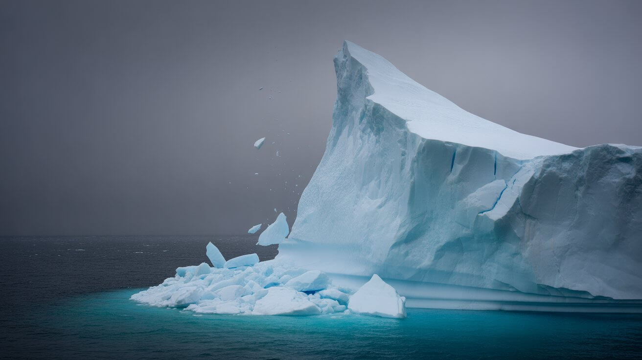 face cachée de l'Iceberg flottant dans l'océan sous ciel gris.