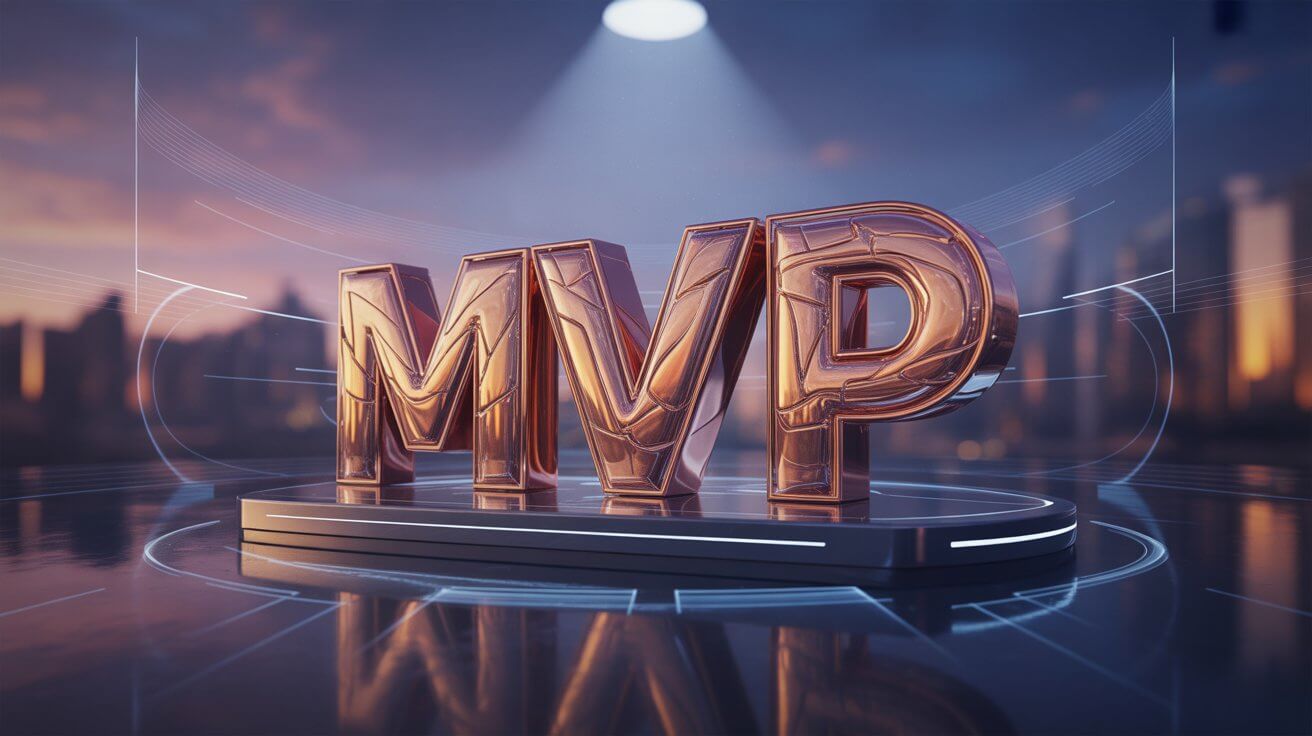 MVP code ou no-code sur piédestal futuriste.