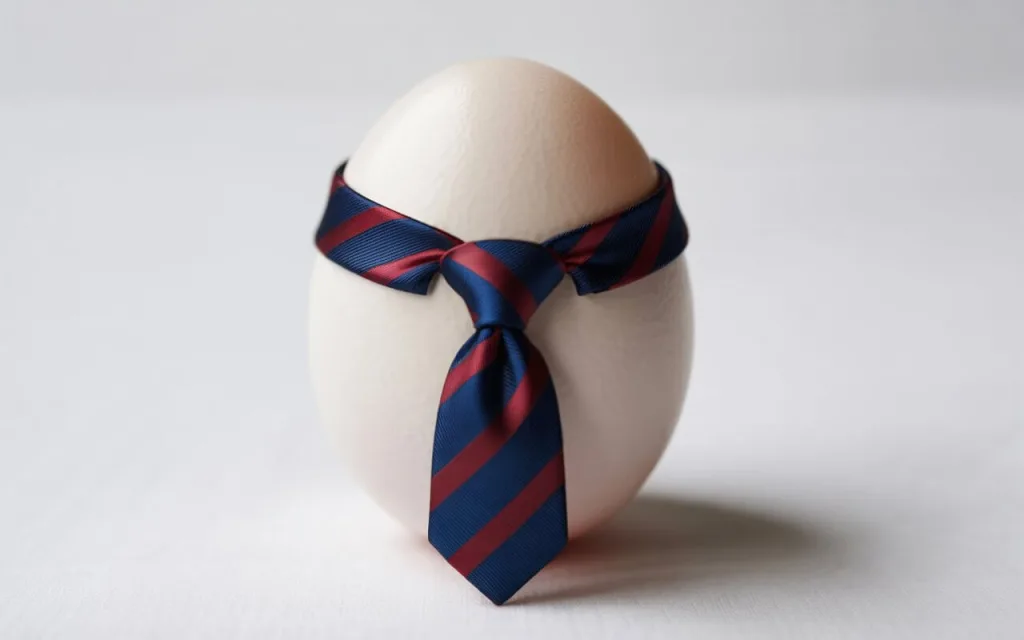 Oeuf portant cravate rayée rouge et bleue.