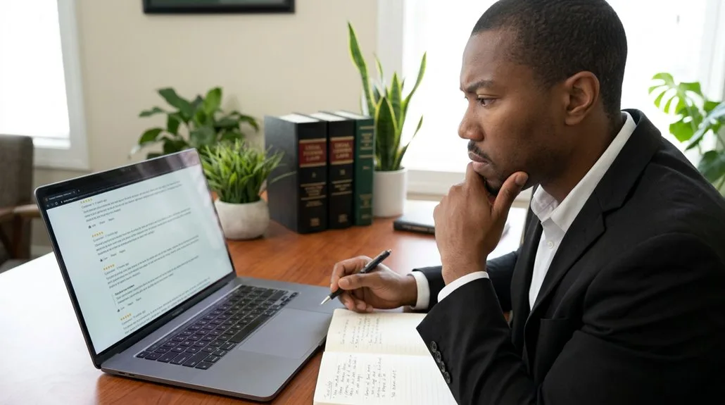 Homme en costume consultant un ordinateur et prenant des notes
