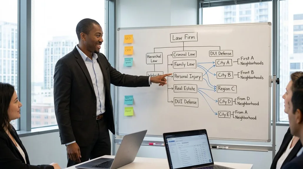 Réunion SEO devant un tableau de stratégie juridique