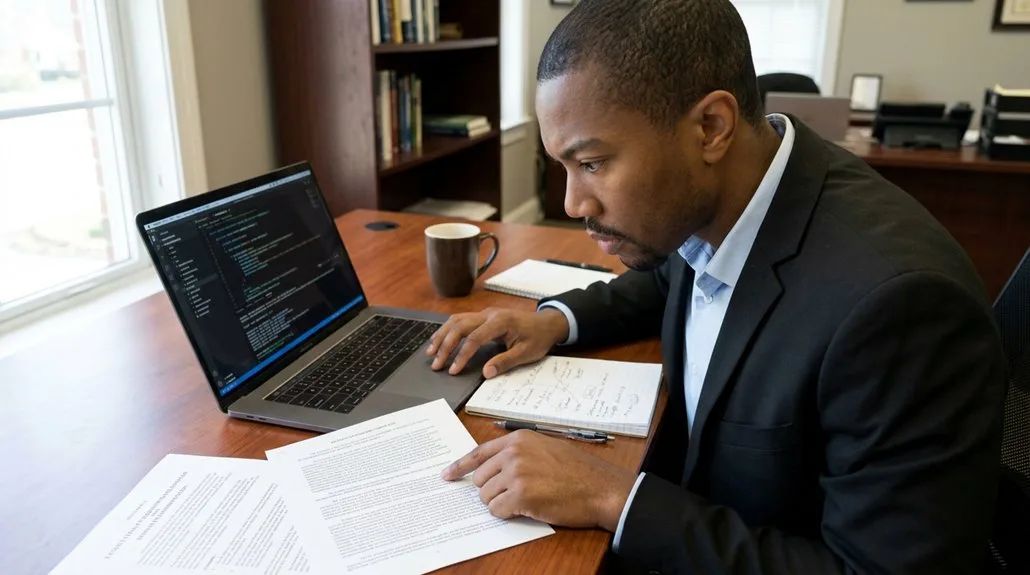 Professionnel examinant un contrat devant un ordinateur portable