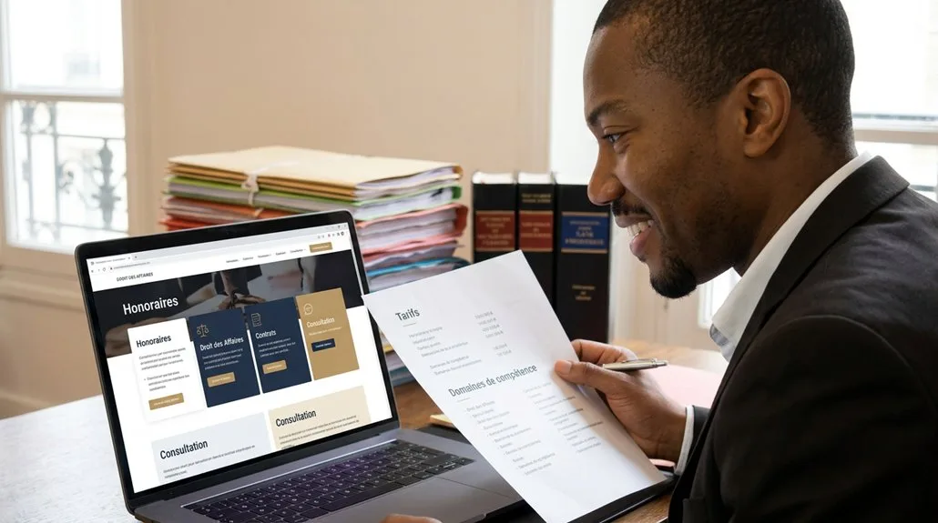 Avocat consulte ses tarifs sur ordinateur portable