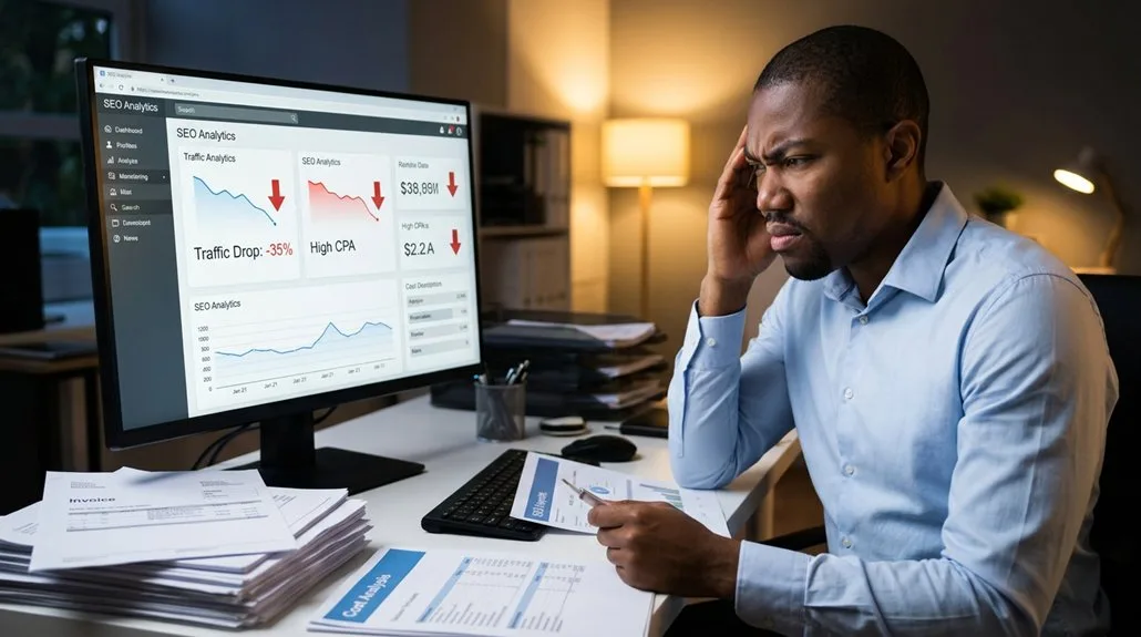 Homme inquiet devant un tableau de bord SEO en baisse