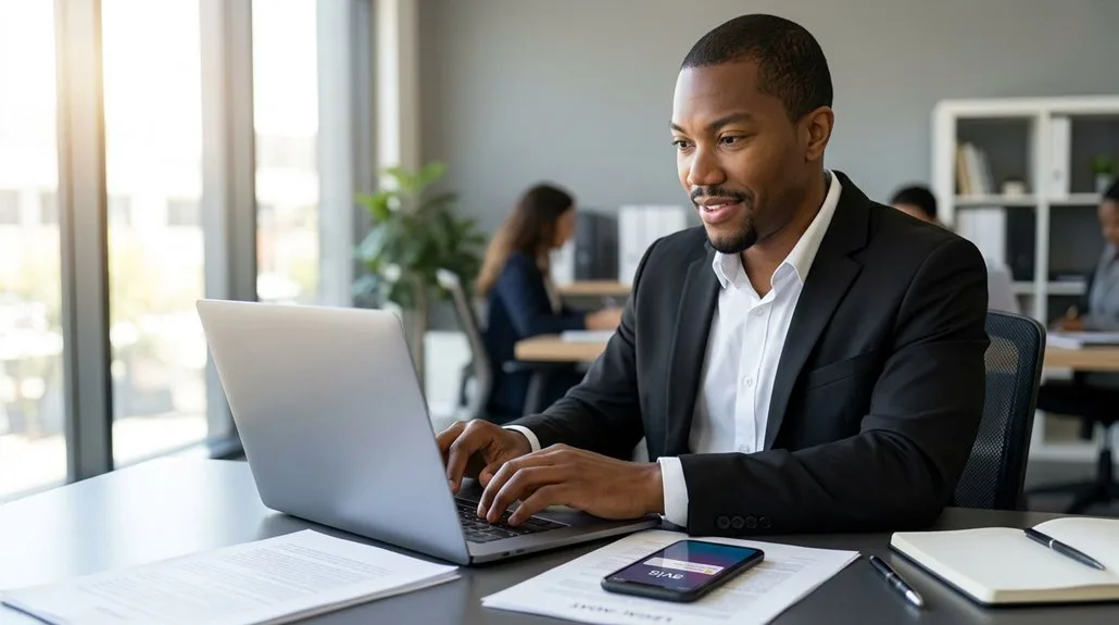 Professionnel travaillant sur ordinateur portable dans un bureau lumineux
